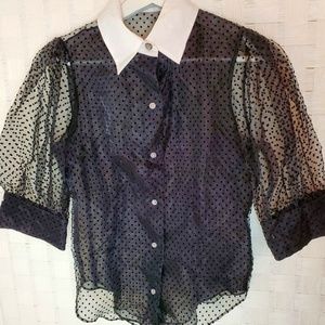 Zara black and white sheer puff sleeve blouse